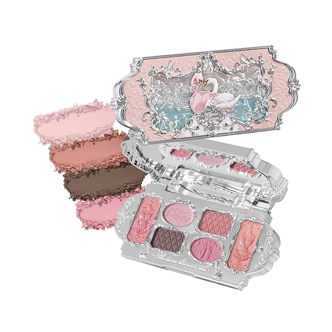 Flower Knows Swan Ballet Six-Color Makeup Palette,Soft Pink Eyeshadow with 4 Matte + 2 Shimmer Shades,Blendable Smooth Cute Eye Makeup,0.23 Oz(03 Pink Swan)