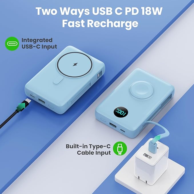 Magnetic Portable Charger for iPhone with Built-in Cables,6-in-1 10800mAh Power Bank with iWatch Charger & LCD Display,25W Fast Charging Battery Pack for iPhone 17/16/15/14/13/12,Apple Watch(Sky Blue)