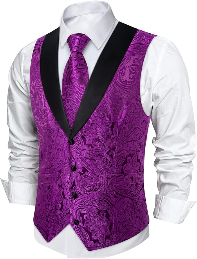 DiBanGu Mens Paisley Suit Vest Silk Jacquard Waistcoat and Necktie Set Formal Shawl Collar Dress Vest 7PCS for Wedding Party