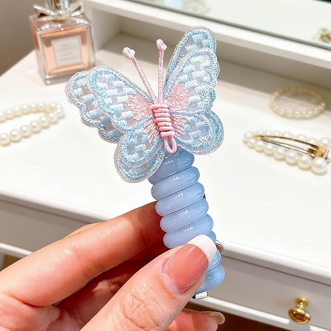 5PC Pearl Butterfly Telephone Wire Hair Ties – Spiral Elastic Bubble Ponytail Hair Bands for Women & Girls, No Damage, Soft & Stretchy Hair Accessories for High Ponytails and Braids(set-A)