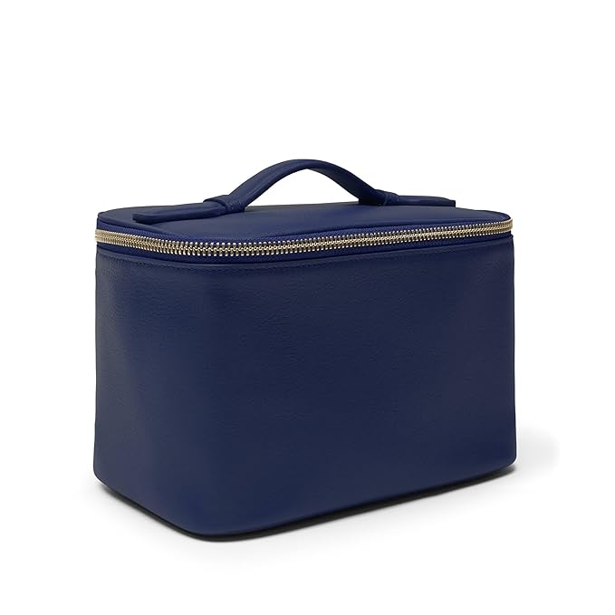 Leatherology Navy Blue Small Train Case – Full-Grain Leather Travel Cosmetic Bag with Water-Resistant Lining, Zippered & Open Pockets, Compact Beauty Organizer