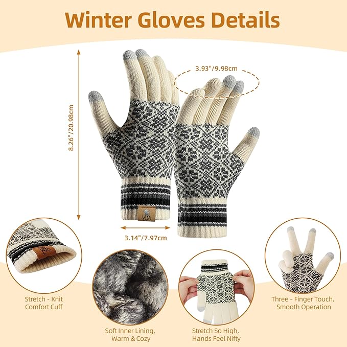 Womens Winter Beanie Hat Long Scarf and Touchscreen Gloves 3Pieces Fleece Lined Skull Caps with Pompom Neck Scarves Set