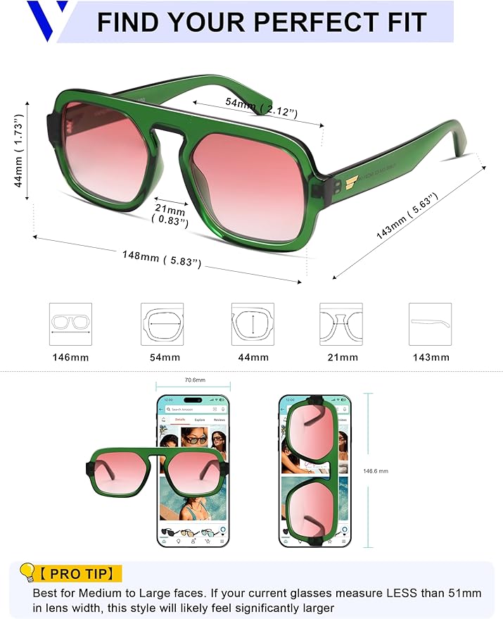 VANLINKER Oversized Retro Square Aviator Sunglasses for Women Men 70s Vintage Style Trendy Big Flat Top Sun Glasses VL9826
