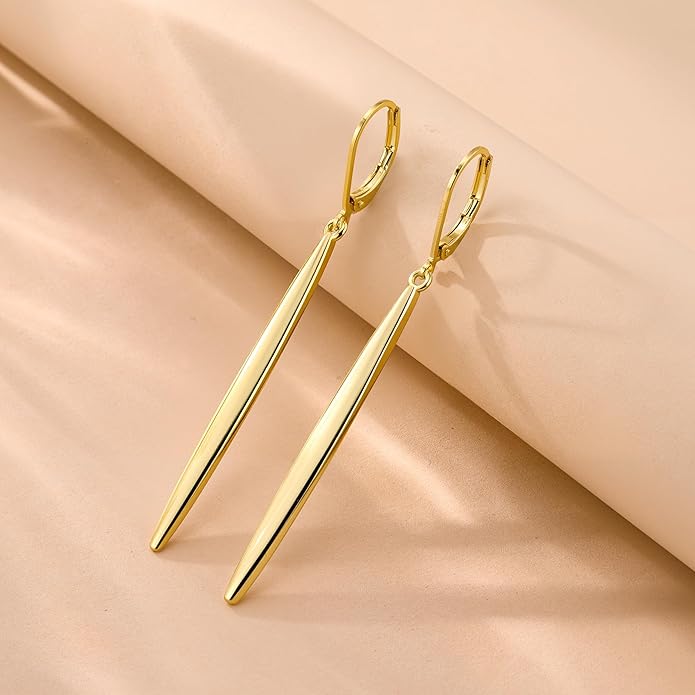 ALEXCRAFT 925 Sterling Silver & 14K Gold Plated Long Dangle Drop Earrings for Women Minimalist Hypoallergenic Vertical Bar Leverback Dangling Earrings Lightweight Daily Fashion Jewelry Gifts