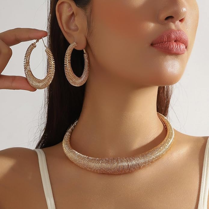 Chunky Gold Hoop Earrings and Spring Statement Necklace Set 2 Piece | Indian Jewelry Sets for Women | Gold Plated Trendy Chunky Hoops & Chunky Chain Gift