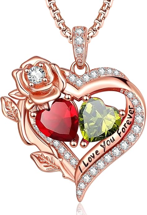 Rose Heart Necklaces for Women, Rose Gold Forever Love Jewelry with 2 Birthstones Pendant, Christmas Anniversarry Birthday Gifts for Her Wife Mom Grandma, 18+2 Inch Chain