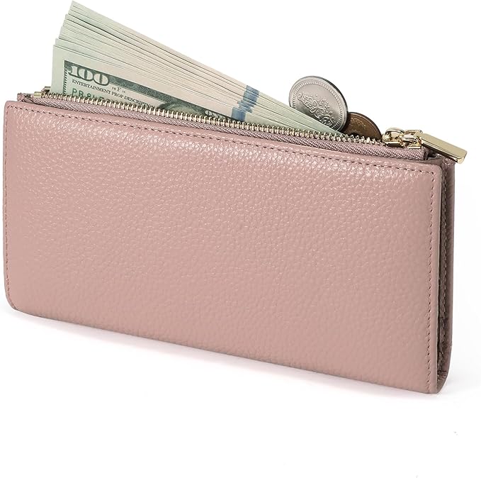 Slim Blue Wallet for Women, RFID Blocking Genuine Leather Bifold with Secure Zippered Coin Pocket (Pink)