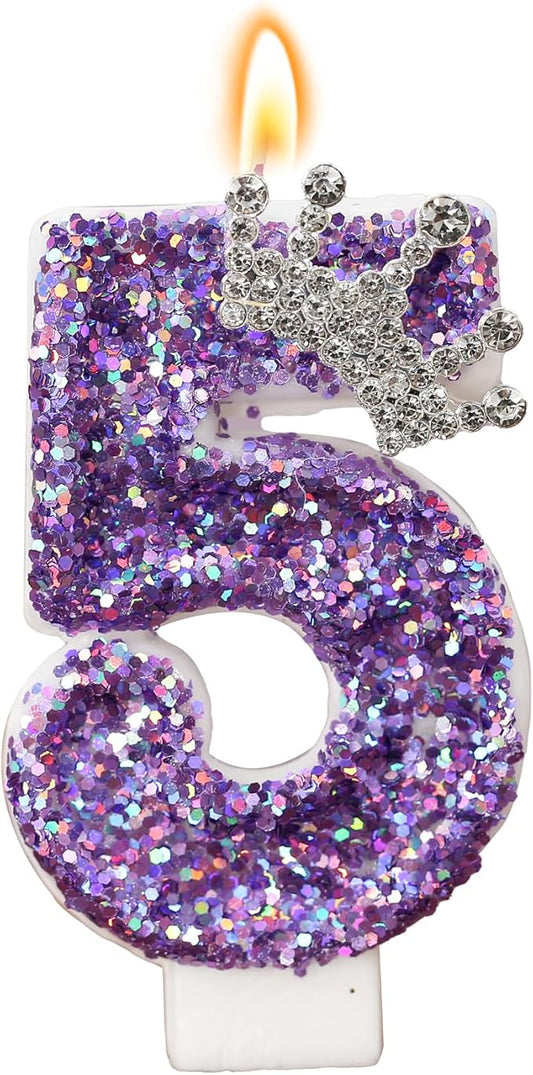 Birthday Number Candles,Purple Crown Birthday Candles for Cake,Glitter Number 5 Candle Cake Topper with Sequins for Anniversary Celebrations Supplies (Number 5)