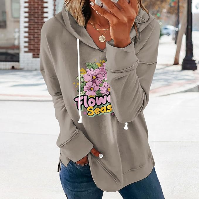Womens Casual Loose Fit Pullover Sweatshirt with Artistic Print Drawstring Hood Long Sleeve Cotton Blend for Fall