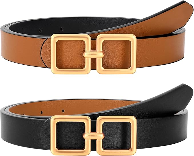 Reversible Genuine Leather Belt for Women - Gold Buckle for Jeans & Dresses
