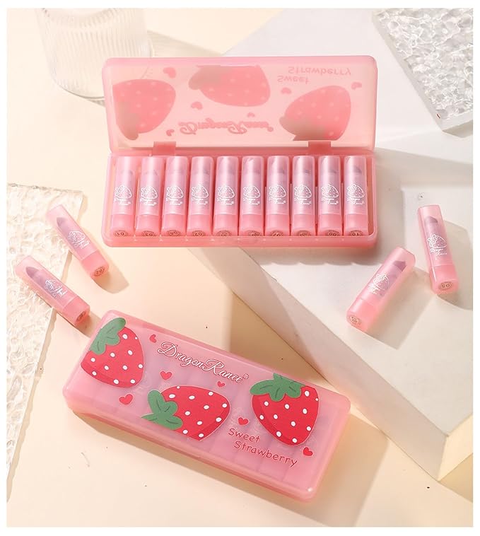10 Pcs Lip Tint Set Cute Glossy Lip Stains and Matte Lipsticks with Long-lasting and Quick-drying Mini Lip Gloss Lipstick for Makeup Gift (Strawberry, Lipstick)