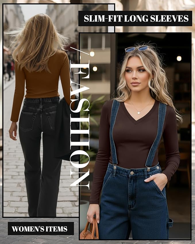 Ficerd 3 Pack Women's Long Sleeve Shirts, V Neck Basic Tees Slim Fitted Casual Fall Tops Going Out Blouses T Shirts