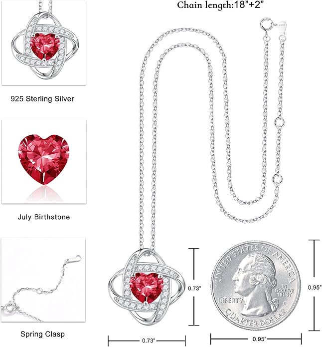 Iefil 925 Sterling Silver Love Knot Birthstone Necklace, Natural or Created Gemstone, Anniversary Birthday Gifts for Women, Jewelry Gifts for Wife Mom Girlfriend