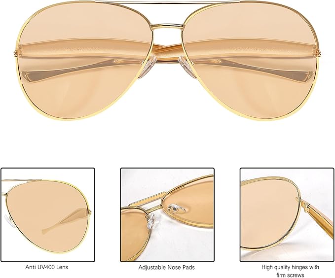 Retro Gold Aviator Sunglasses for Women Men, 2025 Metal Oversized 70s Aviators Sun Glasses