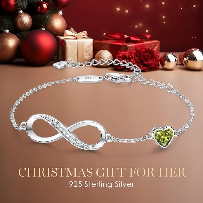 CDE Infinity Heart Birthstone Charm Link Bracelet for Women 925 Sterling Silver Adjustable Mother's Day Christmas Day Gift Anniversary Birthday Jewelry for Wife Girlfriend Her