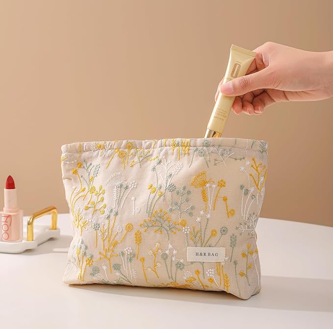 2 Pcs Makeup Bags, Large Cosmetic Bag Travel Toiletry Bag Organizer for Women, Embroidery Craft, Floral Makeup Bag Small Cosmetic Pouch Purse with Zipper Gifts for Girls Teen