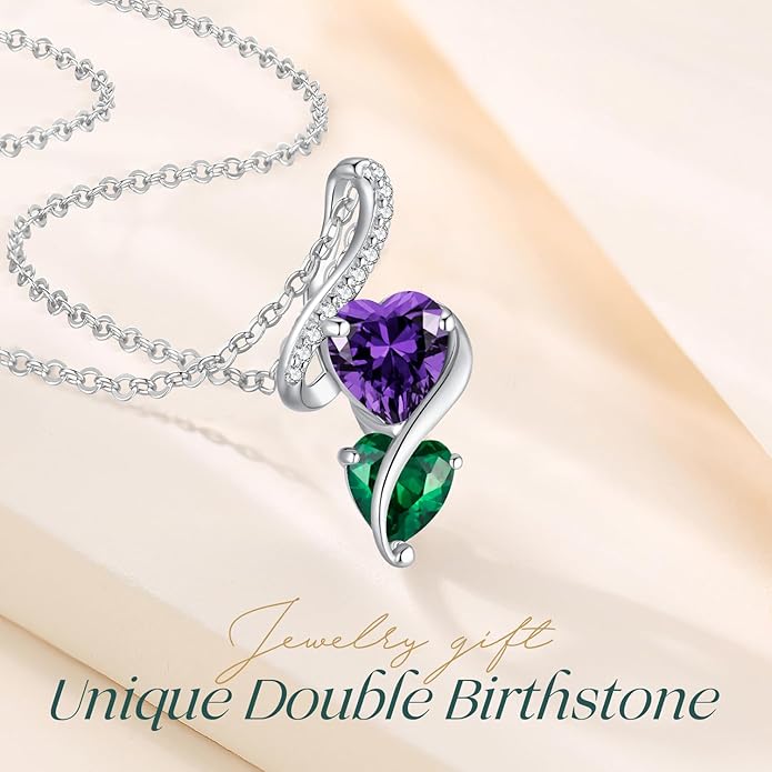 LOUISA SECRET Unique Double Heart Necklace Gifts for Wife Women, 925 Sterling Silver Tiny Birthstone Pendant Jewelry Gift for Her Girlfriend Mom Valentine's Day Anniversary Mother's Day Birthdays & Christmas