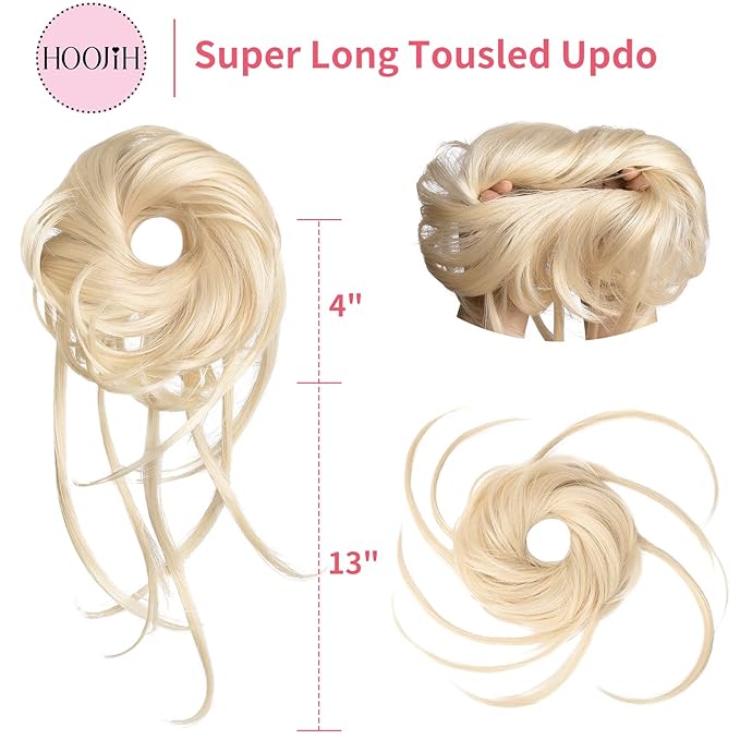 HOOJIH Messy Bun Hairpiece - Super Long Tousled Updo Hair Bun Extensions Wavy Hair Wrap Ponytail Hairpiece Scrunchies with Elastic Hair Band for Women HB007 Grace - Cool Light Blonde
