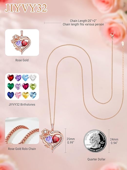 Rose Heart Necklaces for Women, Rose Gold Forever Love Jewelry with 2 Birthstones Pendant, Christmas Anniversarry Birthday Gifts for Her Wife Mom Grandma, 18+2 Inch Chain