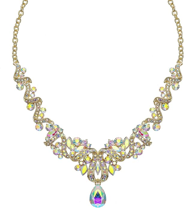 Jewelry Set for Women, Statement Necklace Dangle Earrings Bracelet Ring, White/KC Gold Plated Jewelry Set with Rhinestone Pearl Crystal Wedding Party Jewelry for Bridal Bridesmaid