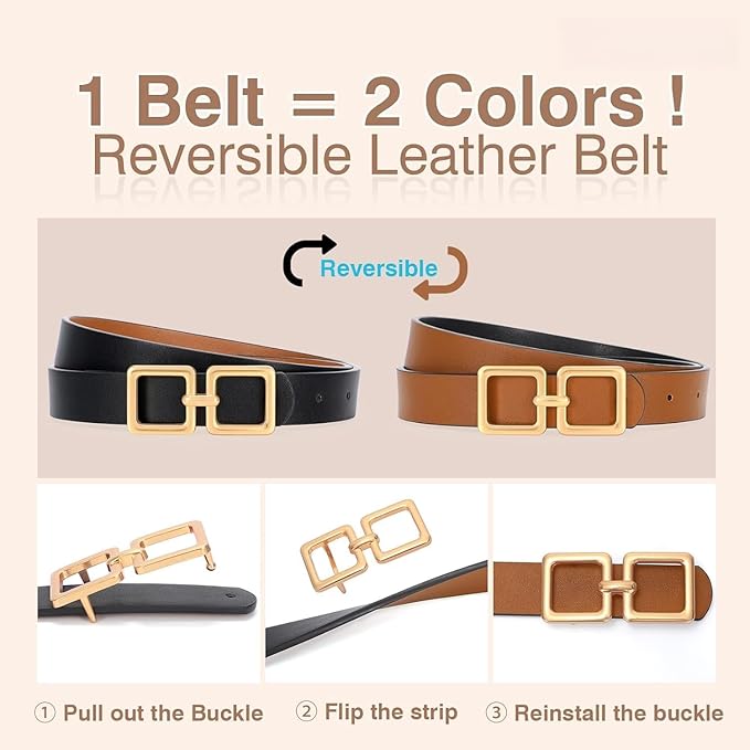 Reversible Genuine Leather Belt for Women - Gold Buckle for Jeans & Dresses
