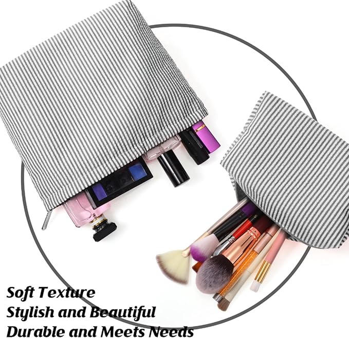 2 Pieces Makeup Bag Set Cute Cosmetic Pouch for Women Seersucker Travel Toiletry Bag Preppy Small Makeup Purse Pouch Aesthetic Skincare Brushes Storage Organizer for Christmas Women(Black)