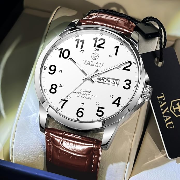 Watches for Men Leather Large Arabic Numerals Mens Watches Waterproof Band with Date Quartz Men's Wrist Watch