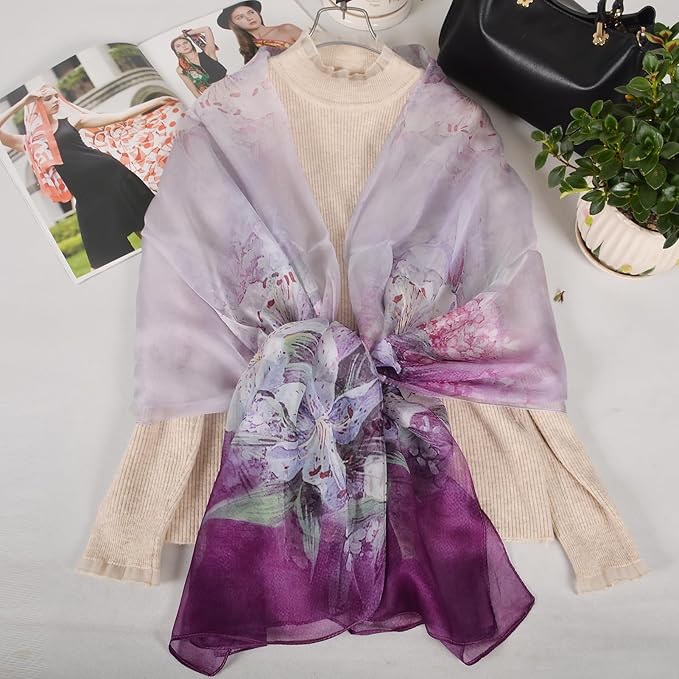 100% Mulberry Silk Women's Neck Silk Scarf-Lightweight Shawl,FLoral Print Beach Silk Wrap-Scarves for Photography