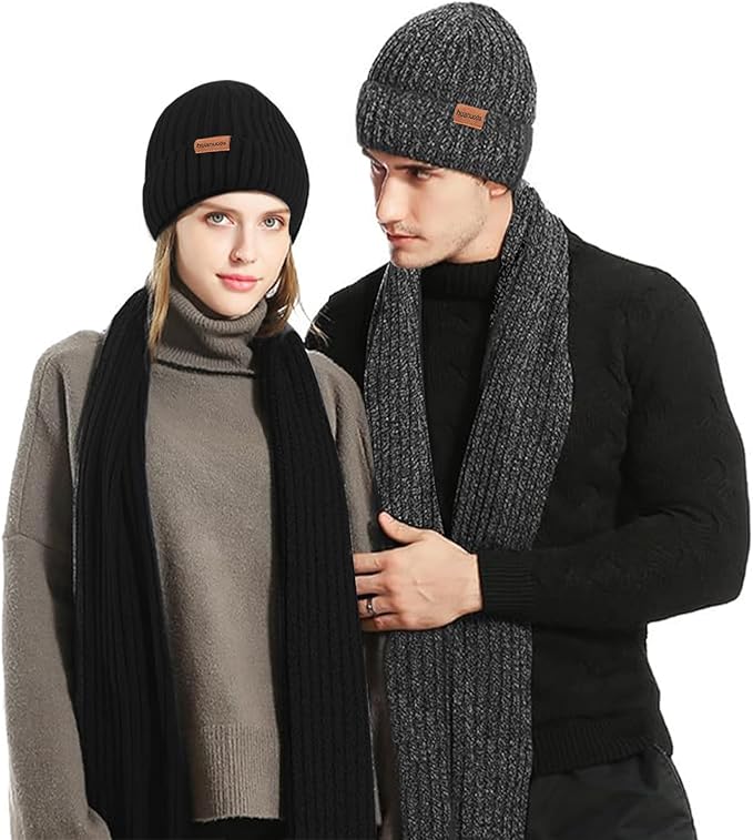 3PCS Winter Beanie Hat Scarf Touchscreen Gloves Set for Men and Women, Knitted Fleece Lined Hats Thermal Gloves Long Scarf