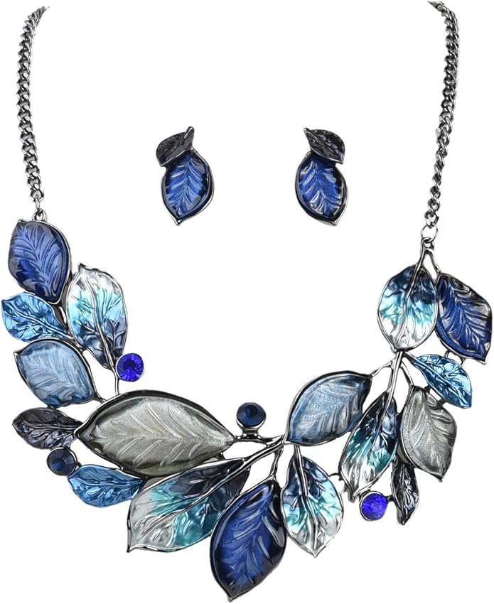 Vintage Statement Jewelry Set Leaf Floral Bohemian Boho Statement Necklace Earring Set Crystal Fashion Costume Jewelry