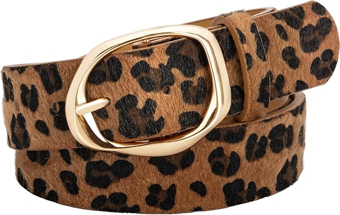 Women’s Leopard Print Leather Belts for Women, Cheetah Print Belt with Gold Buckle, Width 1.46"