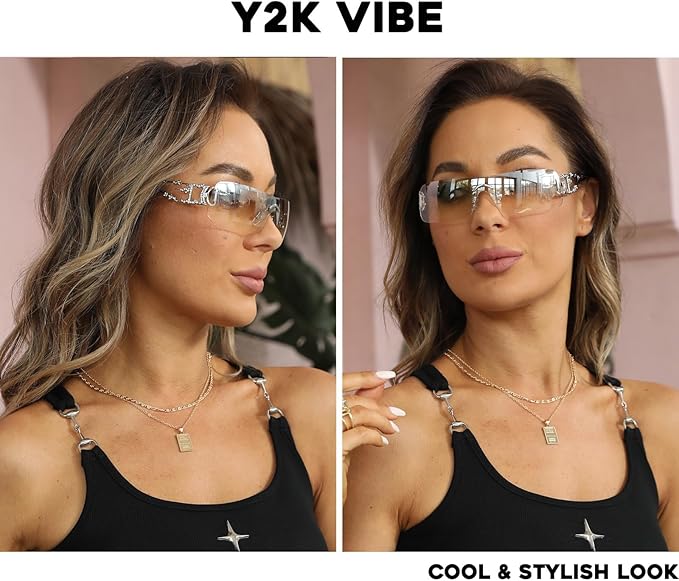 mosanana Y2K Rhinestone Flame Rectangle Sunglasses for Women with Bling Glitter MS52350