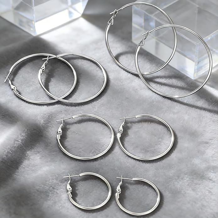 4/5/6 Pairs Stainless Steel 30/40/50/60/70 mm Silver 14K Gold Hoop Earrings for Women Hypoallergenic Big Thin Lightweight Dangle Set