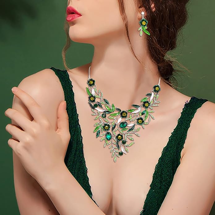 BriLove Wedding Bridal Leaf Cluster Jewelry Set for Women Crystal Flower Enamel Statement Necklace Dangle Earrings