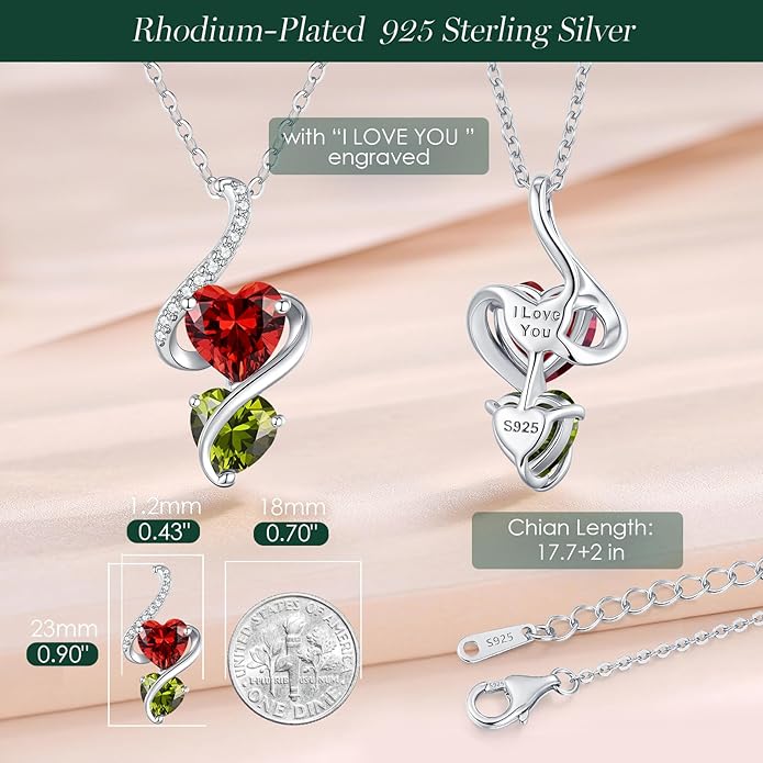 LOUISA SECRET Unique Double Heart Necklace Gifts for Wife Women, 925 Sterling Silver Tiny Birthstone Pendant Jewelry Gift for Her Girlfriend Mom Valentine's Day Anniversary Mother's Day Birthdays & Christmas