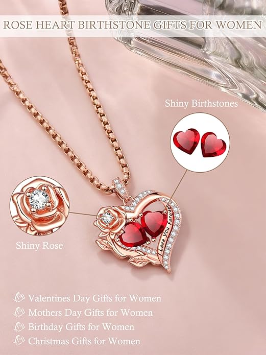 Rose Heart Necklaces for Women, Rose Gold Forever Love Jewelry with 2 Birthstones Pendant, Christmas Anniversarry Birthday Gifts for Her Wife Mom Grandma, 18+2 Inch Chain