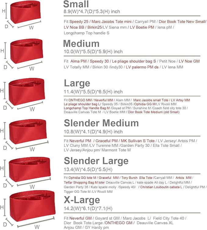Purse Organizer Insert For Handbags, Silk Purse Organizer with Zipper, Silky Smooth, Bag Organizer For Speedy Neverfull Tote,onthego,Artsy, 6 Sizes(XL,Silky Red)