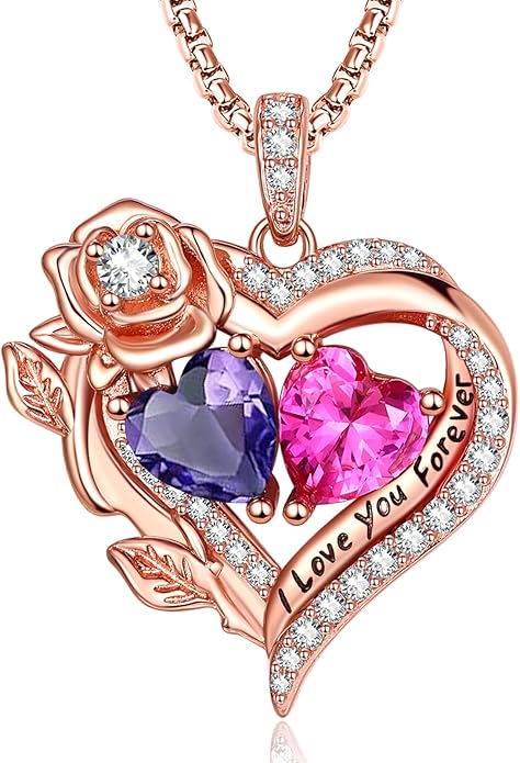 Rose Heart Necklaces for Women, Rose Gold Forever Love Jewelry with 2 Birthstones Pendant, Christmas Anniversarry Birthday Gifts for Her Wife Mom Grandma, 18+2 Inch Chain
