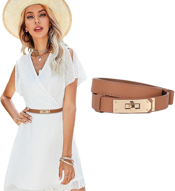 Women's Fashion Classic Metal Buckle Leather Belt with Jeans Dress