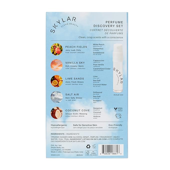 Skylar Eau de Parfum Discovery Spray Sampler Gift Set - Hypoallergenic & Clean Perfume for Women & Men- Peach Fields- Vanilla Sky, Lime Sands, Salt Air, Coconut Cove - 5 1.5mL Spray Bottles
