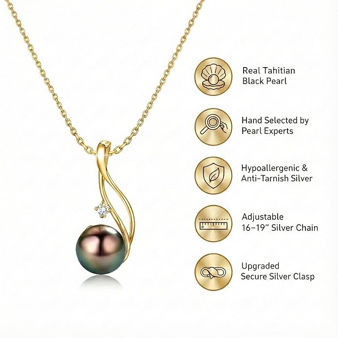 Birthday Gifts for Women - Black Pearl Necklaces for Women - Real 18K Gold Over Sterling Silver - Elegant Tahitian Black Pearl Jewelry - Anniversary·Gifts for Women - Christmas Gifts for Wife, Girlfriend, Her, Mom