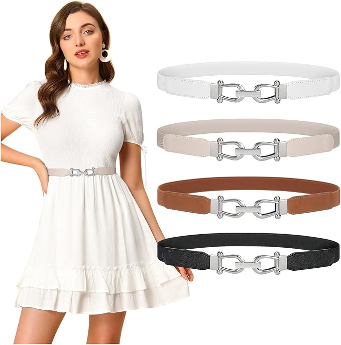 WERFORU Women Skinny Belt for Dresses Retro Stretch Waist Belt with Gold Buckle Set of 4
