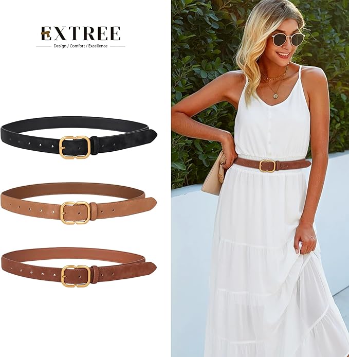 Women's Fashion Classic Metal Buckle Leather Belt with Jeans Dress