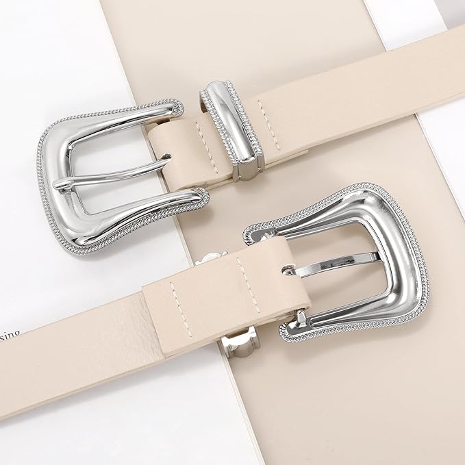 Genuine Leather Belt for Women - Silver Buckle Strap for Jeans & Dresses
