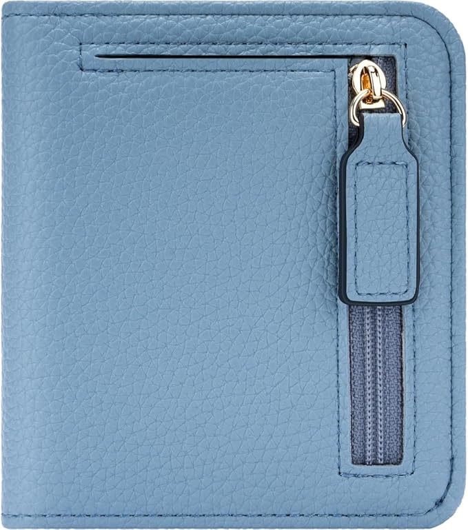 Genuine Leather Wallet for Women Slim Bifold RFID Blocking Secure with Zipper Closure and ID Window (Blue)