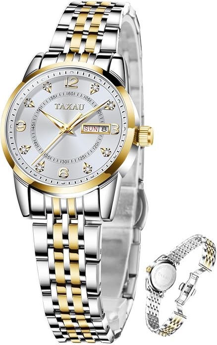 Womens Watch Fashion Dress Waterproof Silver Watches for Women Casual Easy Read Quartz Analog Women's Watch Two Tone Stainless Steel Ladies Watches with Day Date