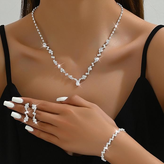 Wedding Jewelry Sets for Brides Silver Rhinestone Necklaces Earring Bracelet Set Wedding Sets for Women Prom Jewelry Sets for Women