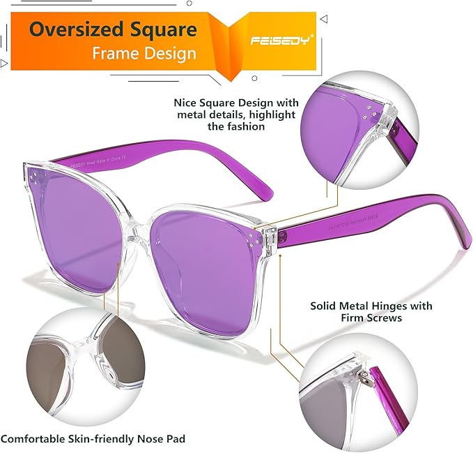 FEISEDY Oversized Polarized Sunglasses - UV400 Protection, Square Fashion Sun Glasses for Outdoor & Daily B2600