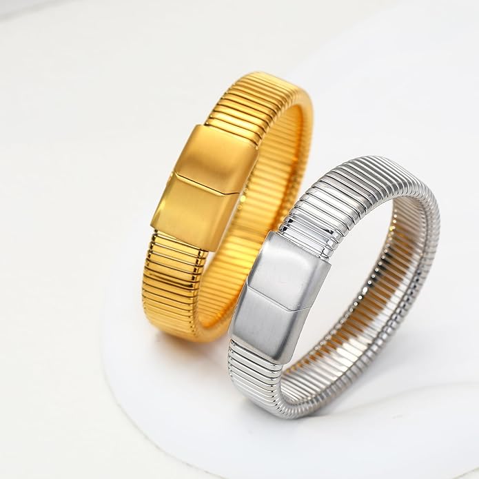 MISS RIGHT Gold Chunky Stretch Snake Chain Bangle Bracelets Stack for Women Trendy, 18K Gold Filled Stainless Steel Stretchy Womens Stackable Wristband Bangles Bracelet Set