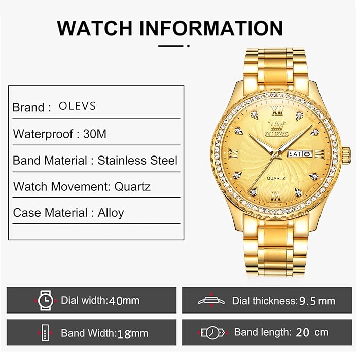 OLEVS Classic Men Watches with Date,Stainless Steel Man Watch with Date, Bussiness Watches for Men,Luminous Quartz Mens Watches Black/White/Blue/Gold, Waterproof Male Watch with Week